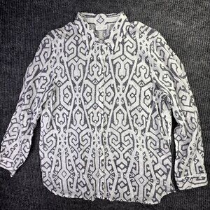 J Jill Love Linen Shirt Womens Large White Black Geometric Button Up Long Sleeve